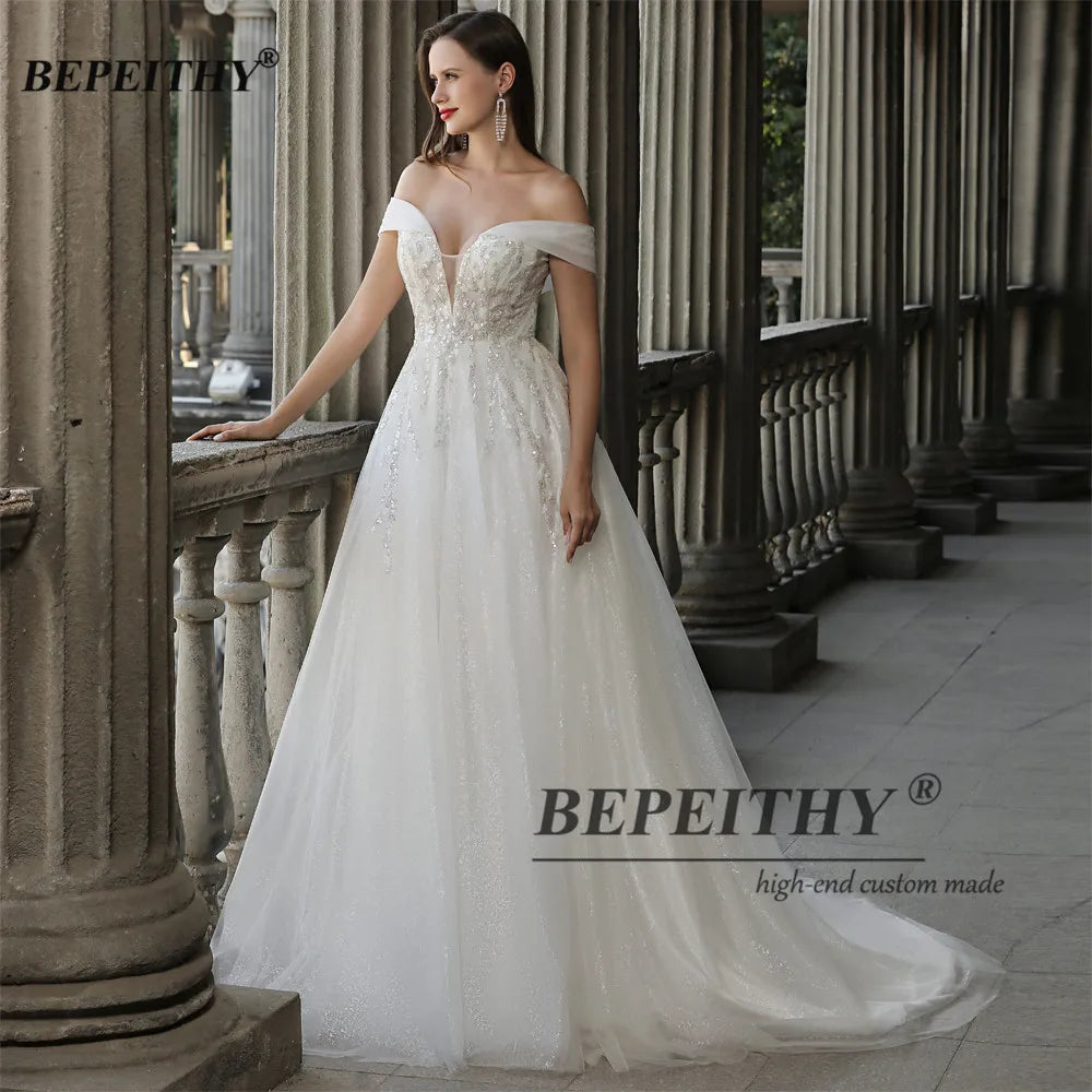 BEPEITHY Off The Shoulder Ivory Boho Wedding Dresses For Women Bride A Line Chic Beading Bohemian Bridal Beach Gown Robes