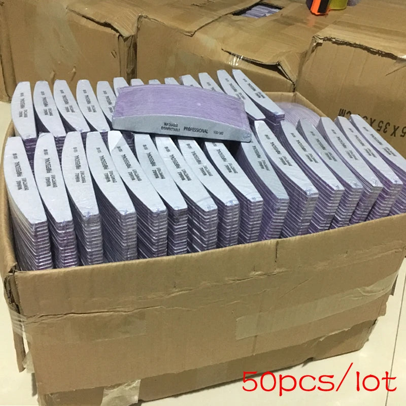 Nail Art Sandpaper, Washable , file Semilune Banana Buffing Curved Professional Manicure50Pcs 100/180