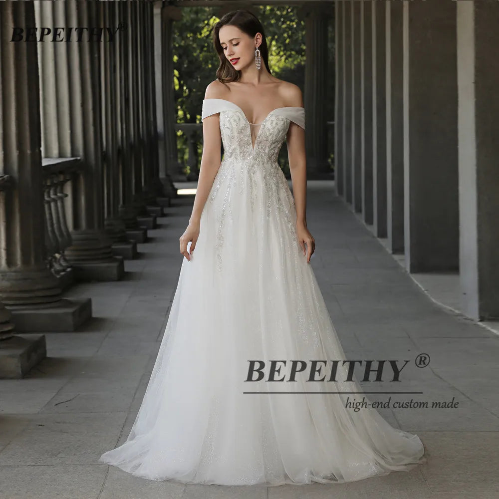 BEPEITHY Off The Shoulder Ivory Boho Wedding Dresses For Women Bride A Line Chic Beading Bohemian Bridal Beach Gown Robes