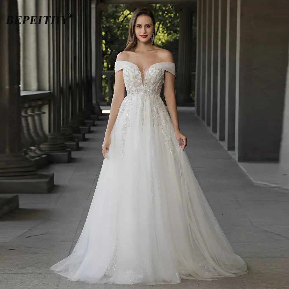 BEPEITHY Off The Shoulder Ivory Boho Wedding Dresses For Women Bride A Line Chic Beading Bohemian Bridal Beach Gown Robes