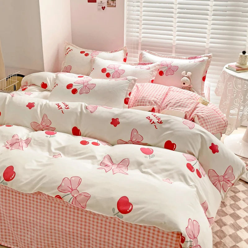 Princess Style Bedding Set Twin Queen Full Size Duvet Cover Bed Flat Sheet Pillowcase Kids Adult Girls Pink Bow Knot Bed Linen