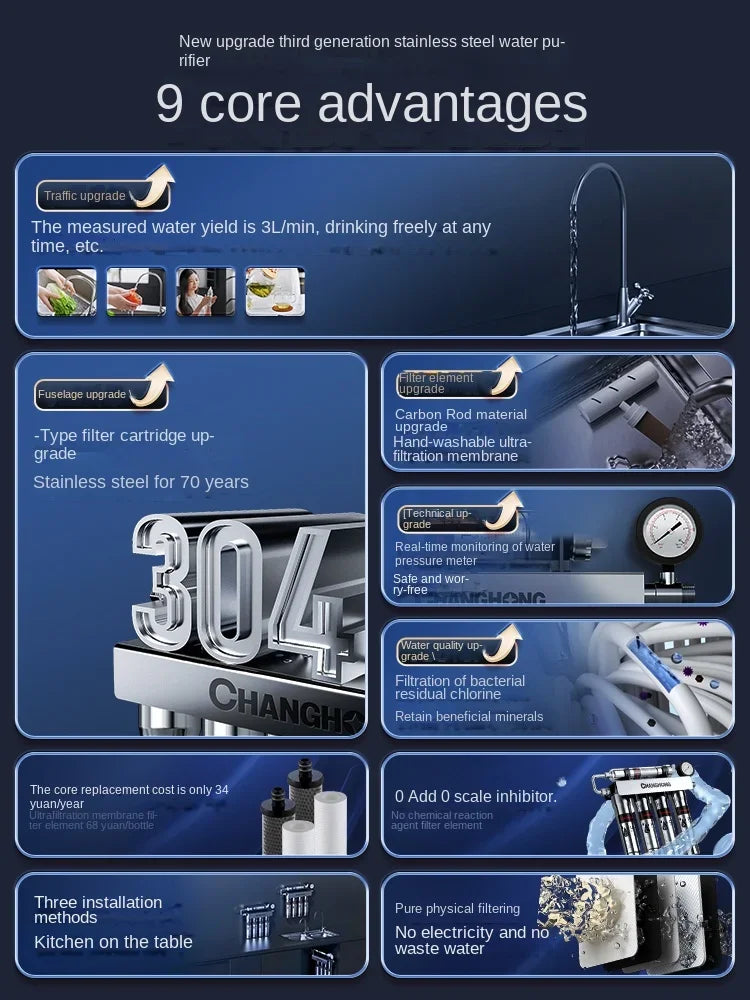 Top water purifier for direct drinking of kitchen tap water pre filtration under kitchen ultrafiltration purification