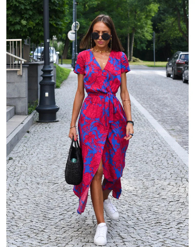 Summer Polka Dot Split Hem Long Dress Women New Fashion V Neck Print Sundress
