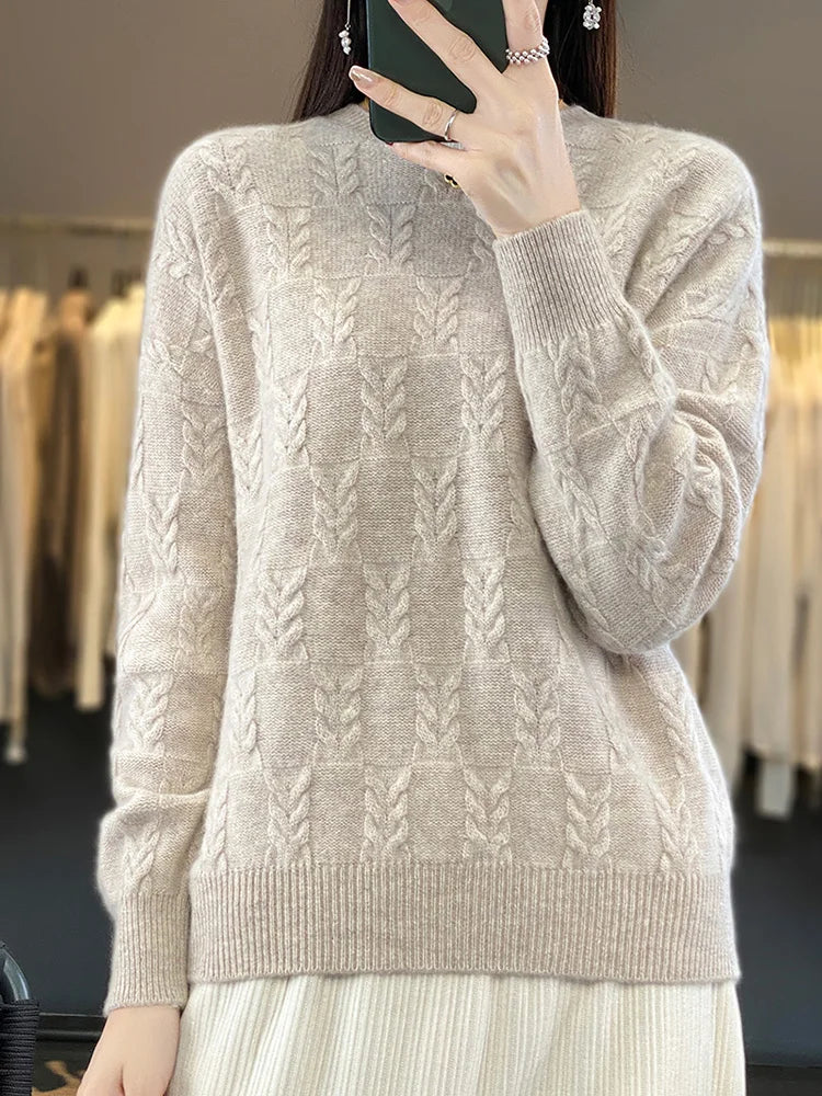 Luxury Woman Sweater Pure Wool O-neck Pullover Long Sleeve Cashmere Jumpers Autumn Winter Thick Warm Jacquard Weave New Knitwear