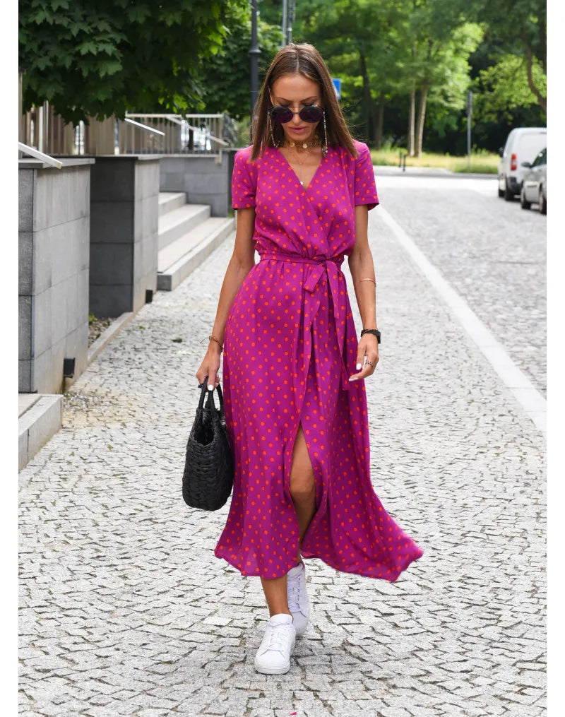 Summer Polka Dot Split Hem Long Dress Women New Fashion V Neck Print Sundress