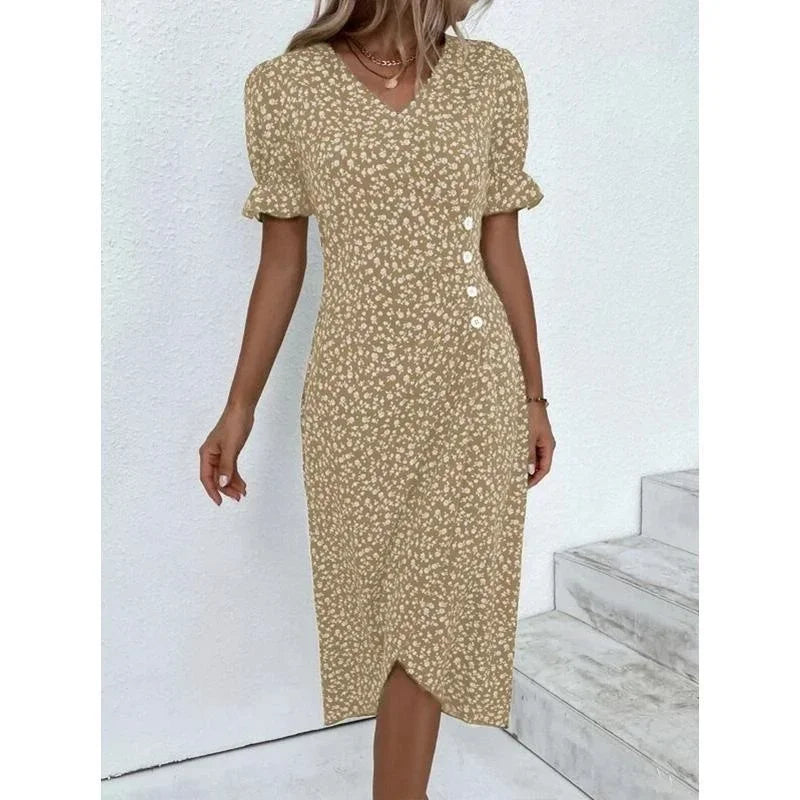 V Neck Elegant Floral Pleated H shaped Midi Dress Female
