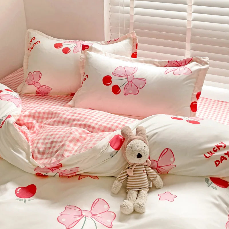 Princess Style Bedding Set Twin Queen Full Size Duvet Cover Bed Flat Sheet Pillowcase Kids Adult Girls Pink Bow Knot Bed Linen