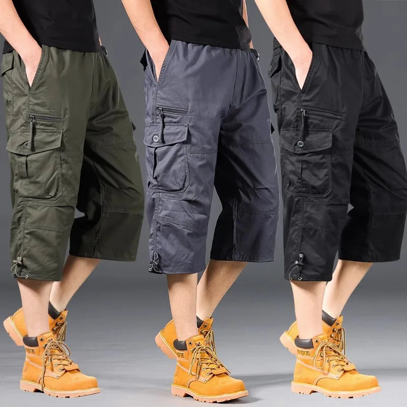 Men's Cargo Shorts Loose Casual Below Knee Pants Elastic Waist Plus Size Outdoor Jogging Tactical Capri Pants