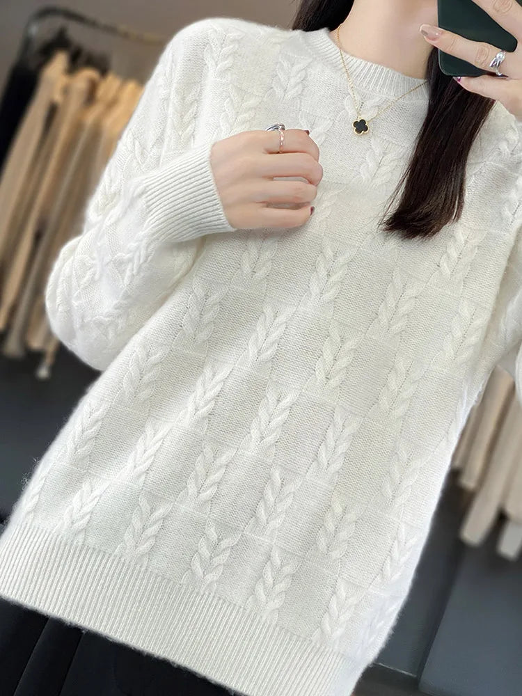 Luxury Woman Sweater Pure Wool O-neck Pullover Long Sleeve Cashmere Jumpers Autumn Winter Thick Warm Jacquard Weave New Knitwear