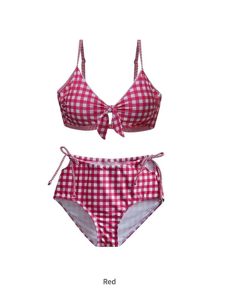 Fashion Red Plaid Swimsuit High Waist Women Bra Sexy Lingerie Set swimwear Bikini Vacation