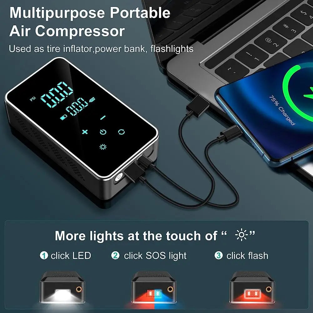 Tire Inflator Portable Air Compressor 16L/min 150 PSI Air Pump With Touch Screen/Gauge/Light For Bike Ball