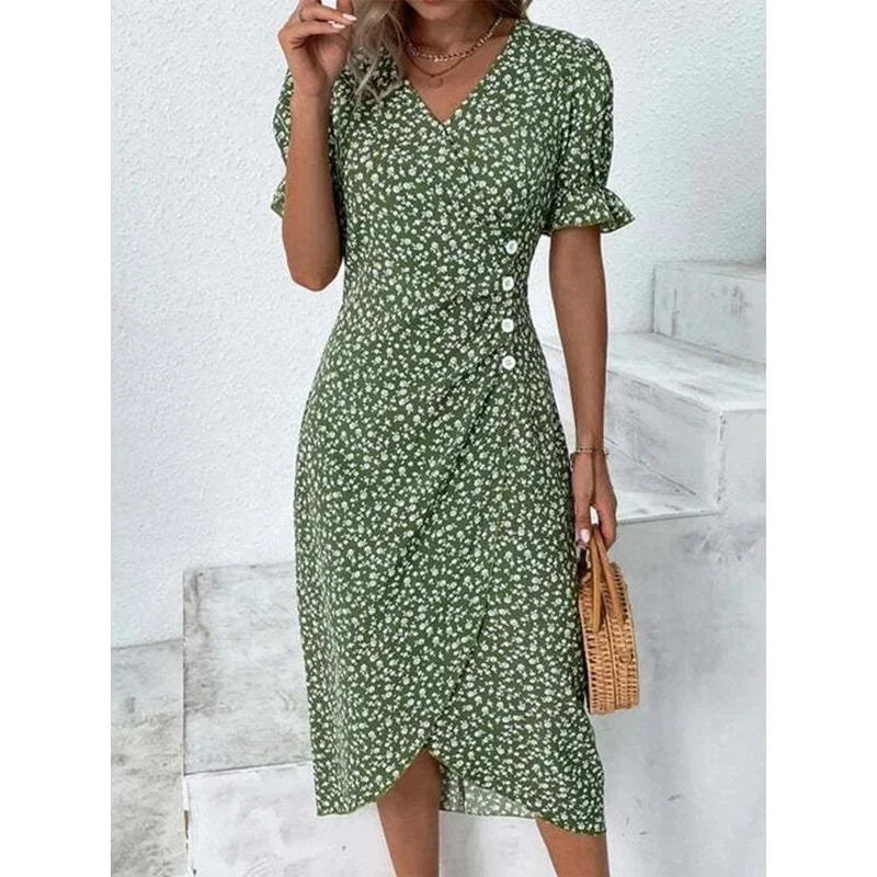 V Neck Elegant Floral Pleated H shaped Midi Dress Female