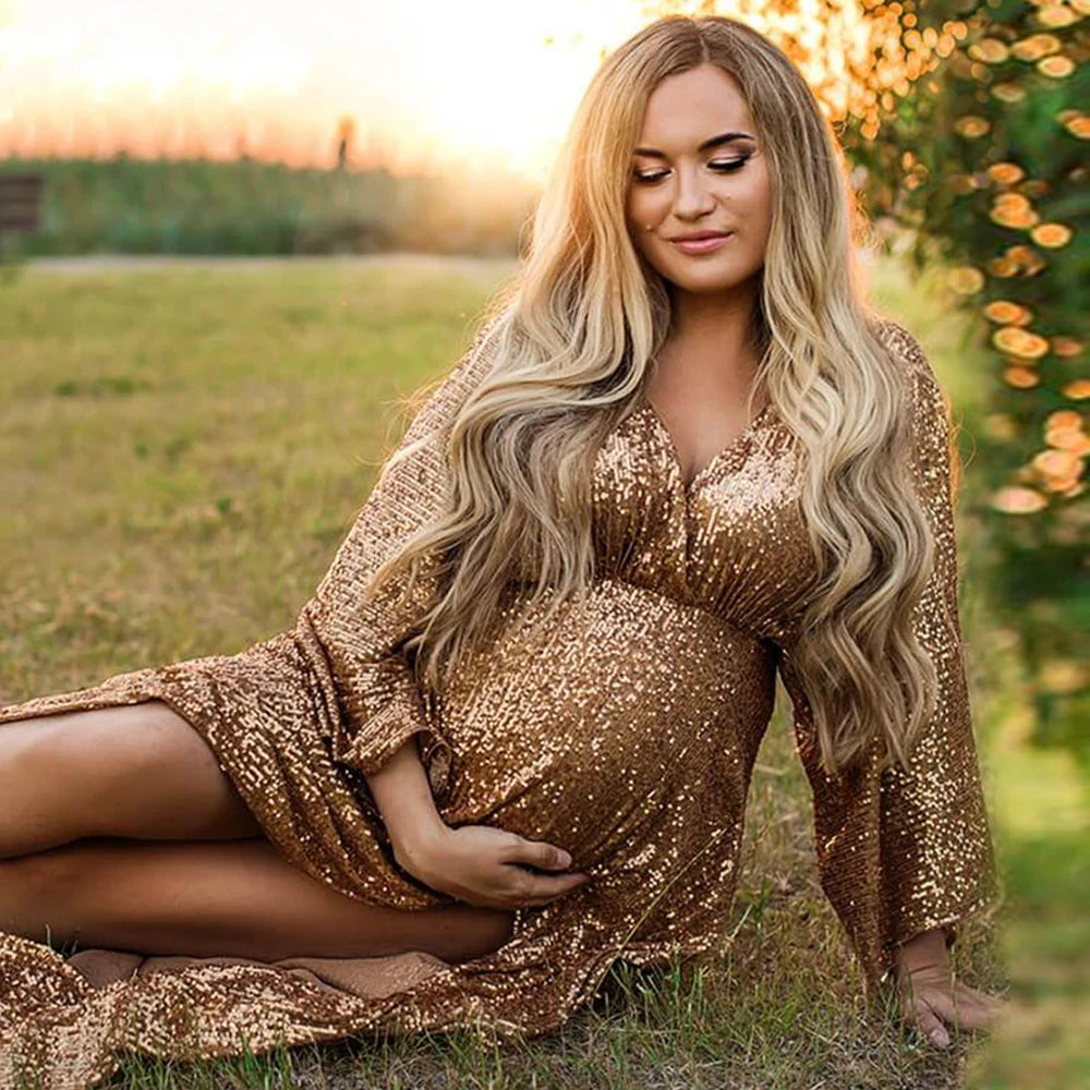 Sexy Maternity Photography Prop Dress SequinTransparent Side Slit Simple Boho Maxi Gown Pregnancy Women Photo Shoot Accessories