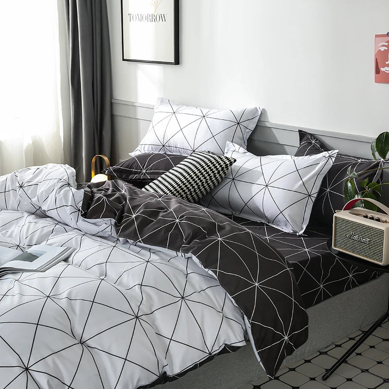 Comforter Cover 3 PCS Bedding Set Black & White Geometric Quilt Cover with 2 Pillow Shams, Queen King Duvet Cover
