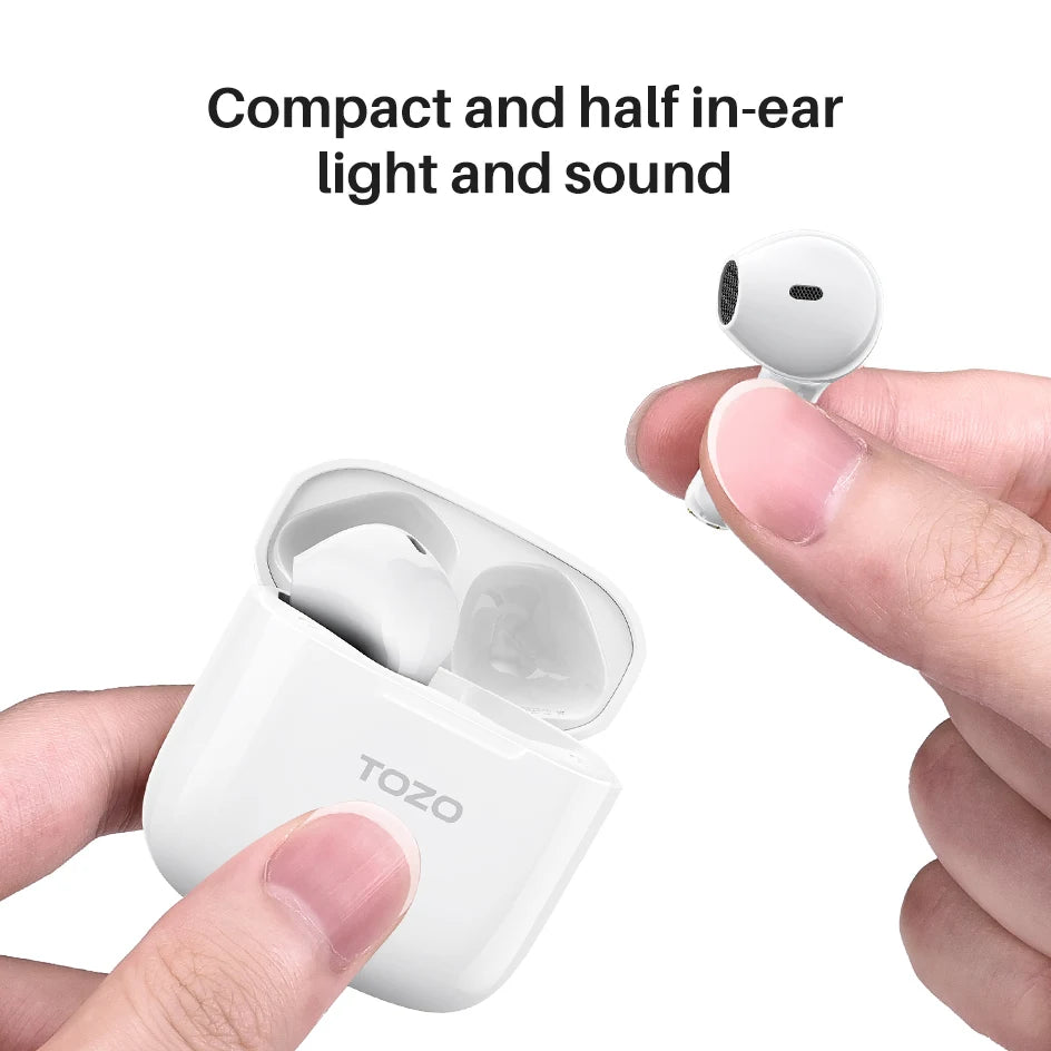 TOZO A3 Wireless Earbuds Bluetooth 5.3 Half in-Ear Lightweight Headsets with Digital Call Noise Reduction,Premium Sound ,White
