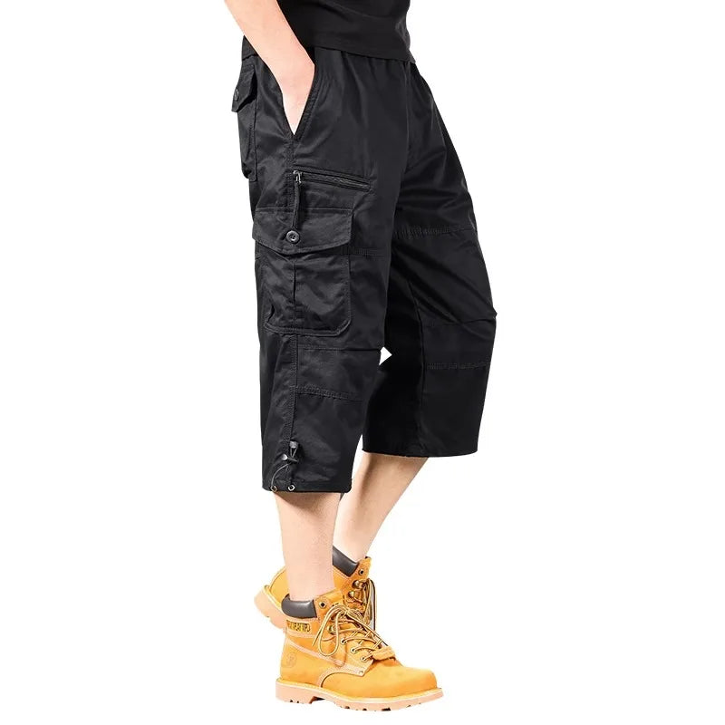 Men's Cargo Shorts Loose Casual Below Knee Pants Elastic Waist Plus Size Outdoor Jogging Tactical Capri Pants