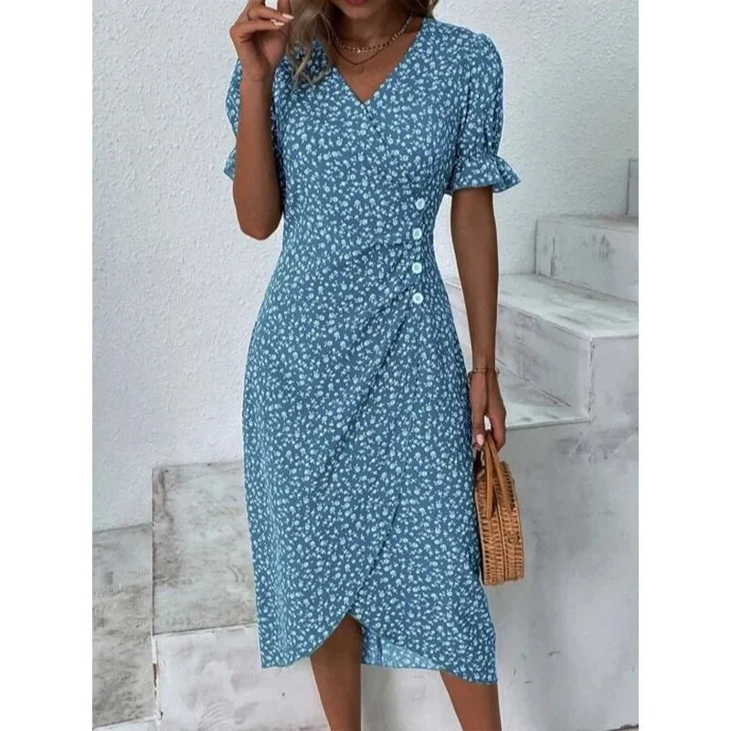 V Neck Elegant Floral Pleated H shaped Midi Dress Female