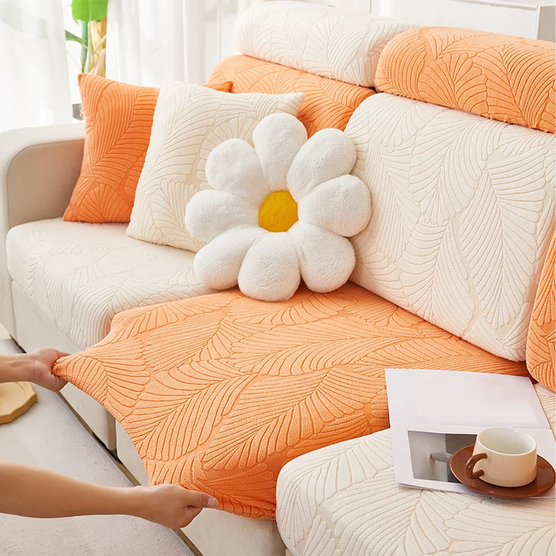 Sofa cover Leaves Jacquard Polar fleece stretchy , all seasons for living room, protector for pets/kids