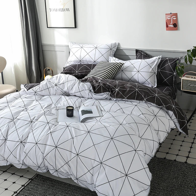 Comforter Cover 3 PCS Bedding Set Black & White Geometric Quilt Cover with 2 Pillow Shams, Queen King Duvet Cover