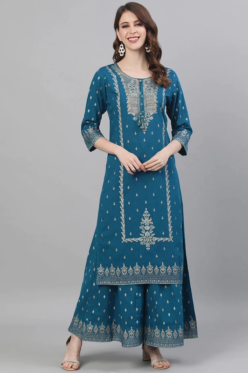 Indian Apparel Women's Ethnic Set 2-Piece Cotton Printed Navy Blue Indian Traditional Dress Cotton Printed 3-piece Suit