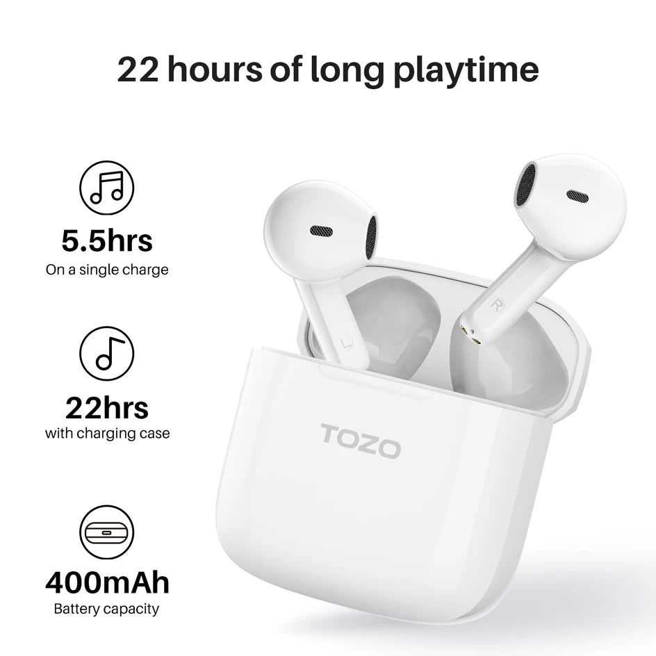 TOZO A3 Wireless Earbuds Bluetooth 5.3 Half in-Ear Lightweight Headsets with Digital Call Noise Reduction,Premium Sound ,White