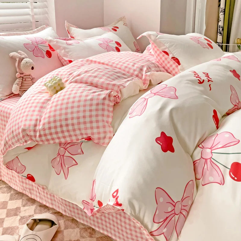 Princess Style Bedding Set Twin Queen Full Size Duvet Cover Bed Flat Sheet Pillowcase Kids Adult Girls Pink Bow Knot Bed Linen