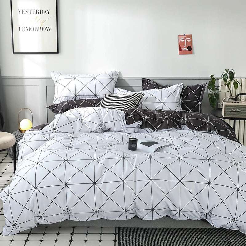 Comforter Cover 3 PCS Bedding Set Black & White Geometric Quilt Cover with 2 Pillow Shams, Queen King Duvet Cover