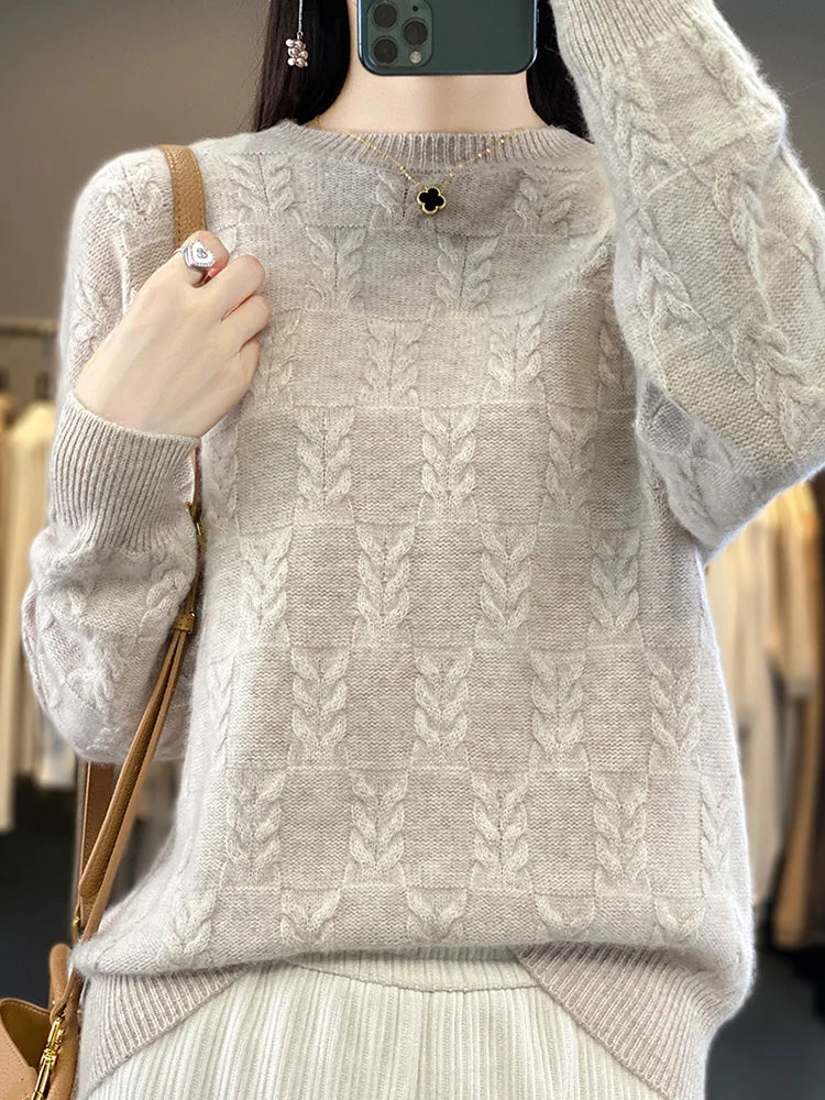 Luxury Woman Sweater Pure Wool O-neck Pullover Long Sleeve Cashmere Jumpers Autumn Winter Thick Warm Jacquard Weave New Knitwear