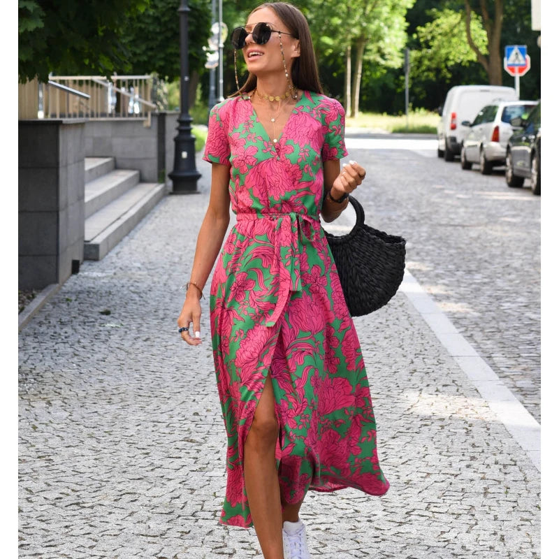 Summer Polka Dot Split Hem Long Dress Women New Fashion V Neck Print Sundress