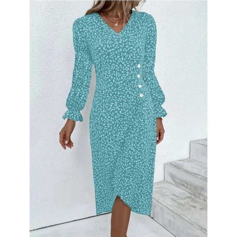 V Neck Elegant Floral Pleated H shaped Midi Dress Female