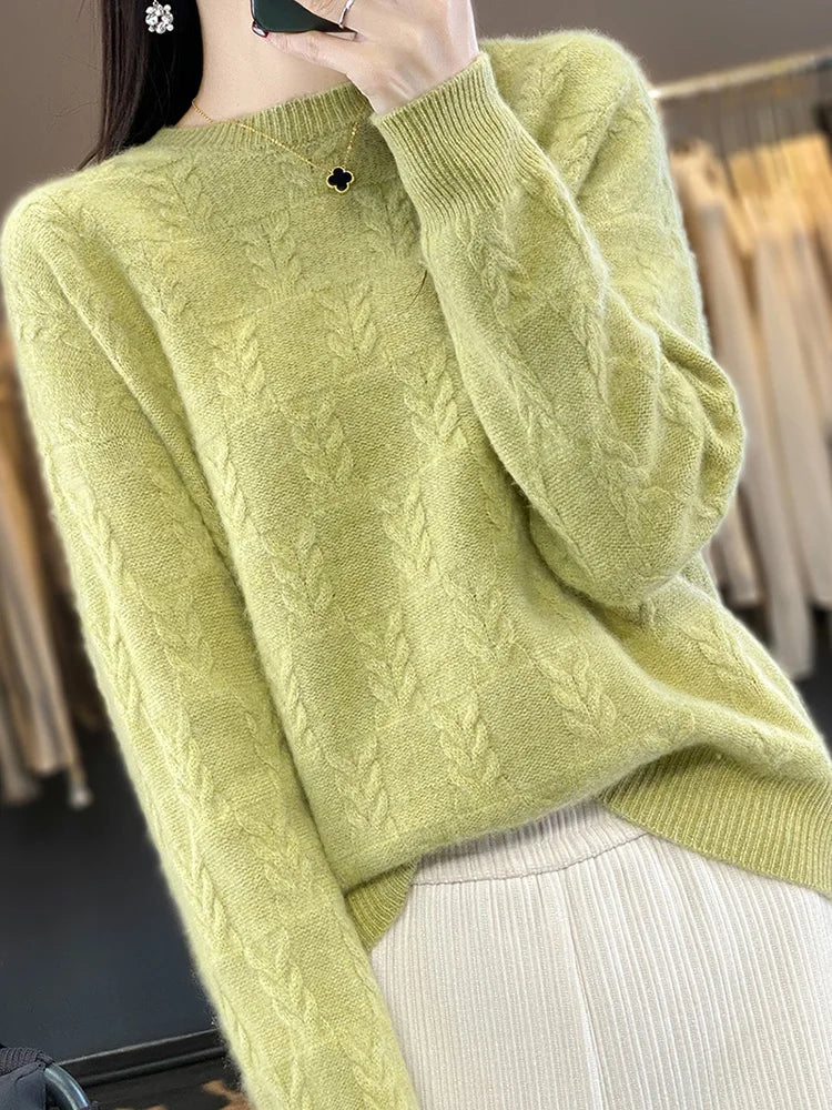 Luxury Woman Sweater Pure Wool O-neck Pullover Long Sleeve Cashmere Jumpers Autumn Winter Thick Warm Jacquard Weave New Knitwear
