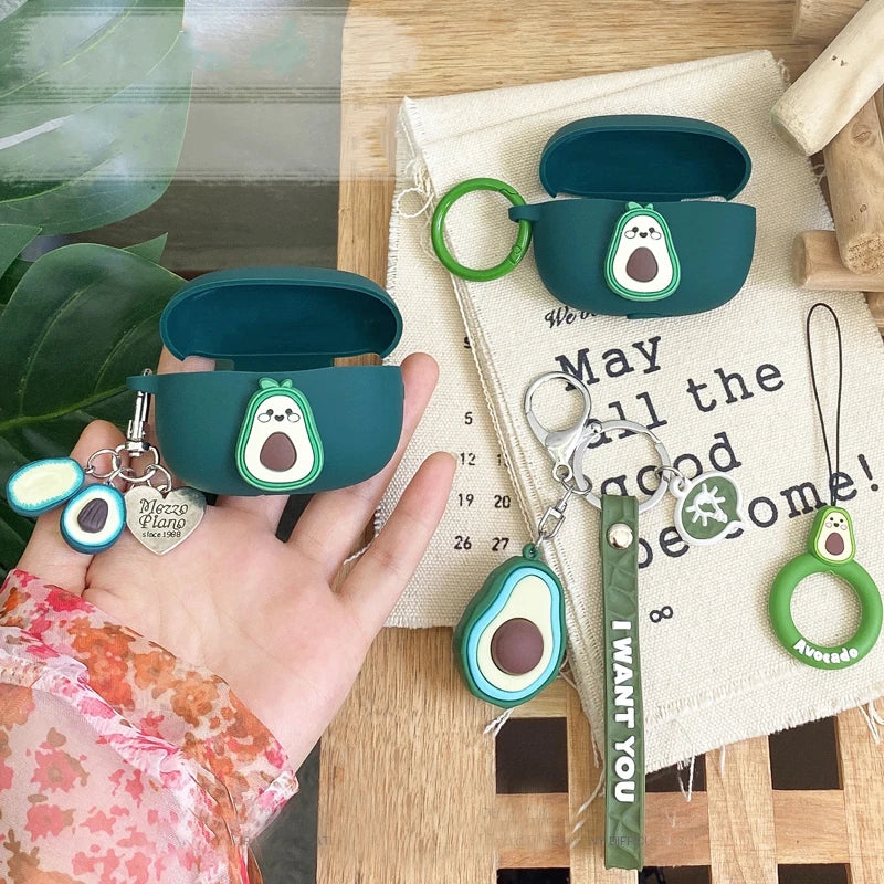 Tozo T6 / T10 / T12 / NC2 Case Cute Avocado cartoon Ring Chain Rope Earphone Case Silicone Shockproof Protect Box