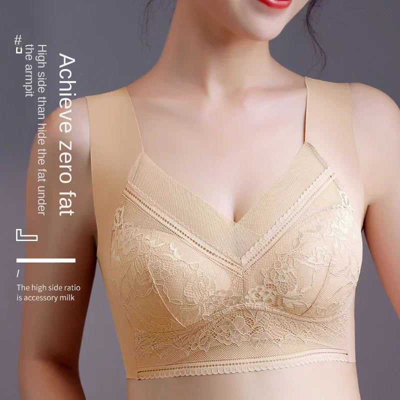 Lace Bras for Women Perspective Full Cup Solid Color Brassiere V-Neck Seamless Crop Top Female Push Up Breathable Lingerie