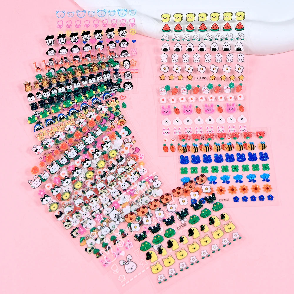 Nail Stickers with Glitter Kid Kawaii Rabbit Dog Bear Adhesive Decals Girl Cute Manicure Slider, 15pcs Children's Cartoon Animal