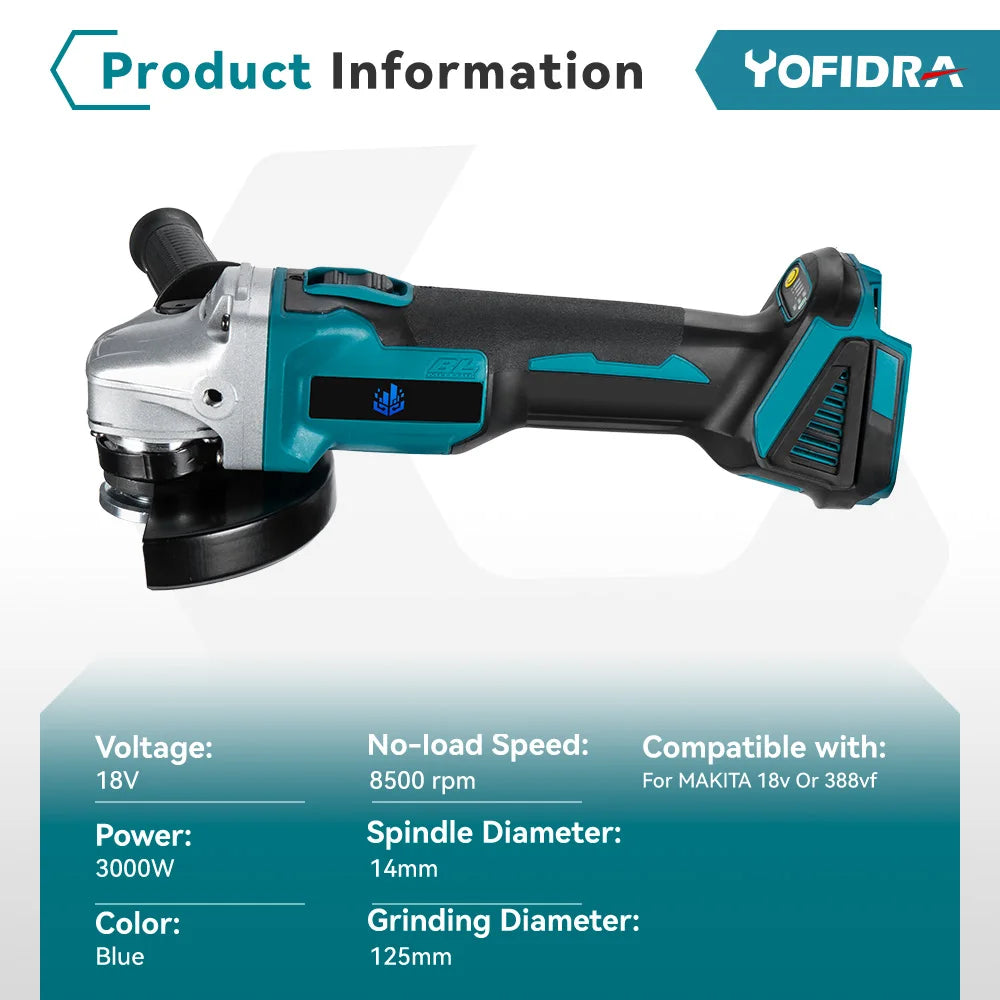 Makita 18v Battery Grinder Cutting Machine Woodworking Power Tool, 125MM M14 Brushless Electric Angle Grinder Variable Speed