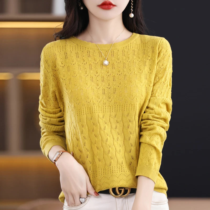 Worsted Wool Sweater Women's Spring New Western-Style Solid Color Round Neck Top With Long Sleeve Bottom Hollowed-Out Thin