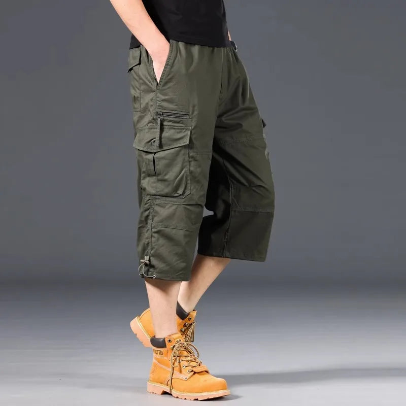 Men's Cargo Shorts Loose Casual Below Knee Pants Elastic Waist Plus Size Outdoor Jogging Tactical Capri Pants