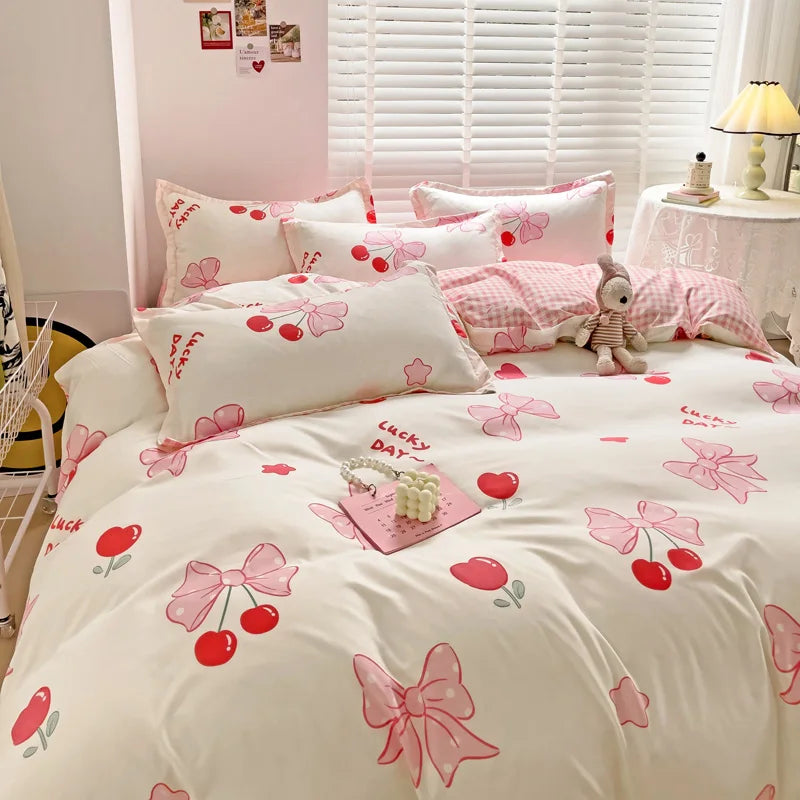 Princess Style Bedding Set Twin Queen Full Size Duvet Cover Bed Flat Sheet Pillowcase Kids Adult Girls Pink Bow Knot Bed Linen