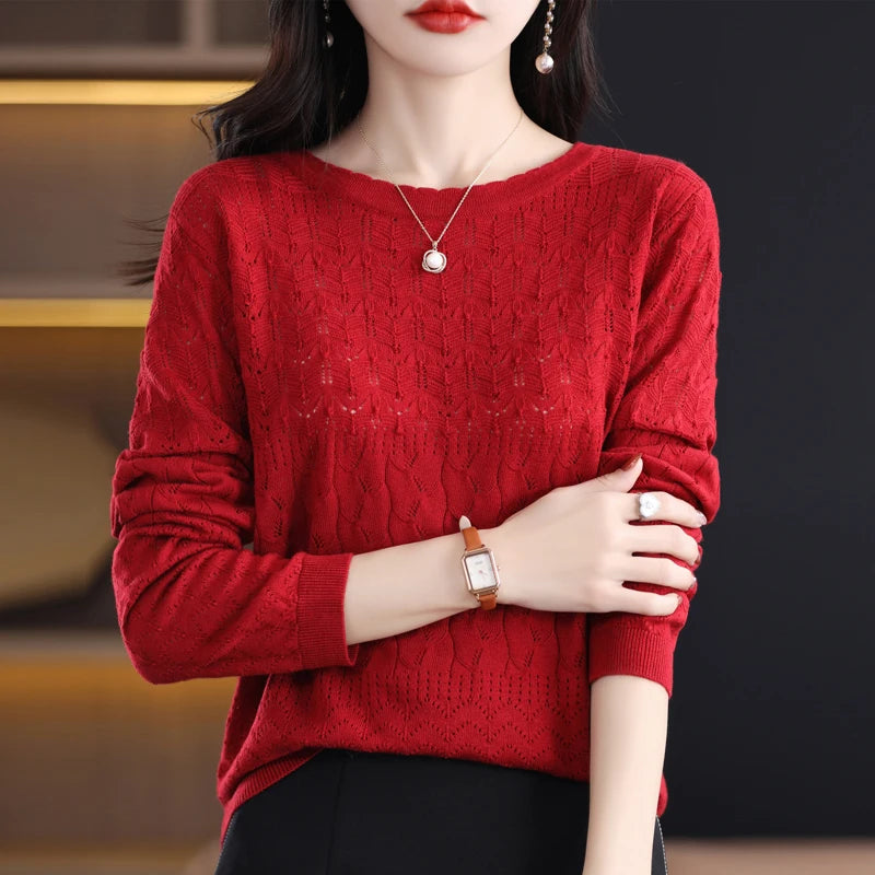 Worsted Wool Sweater Women's Spring New Western-Style Solid Color Round Neck Top With Long Sleeve Bottom Hollowed-Out Thin