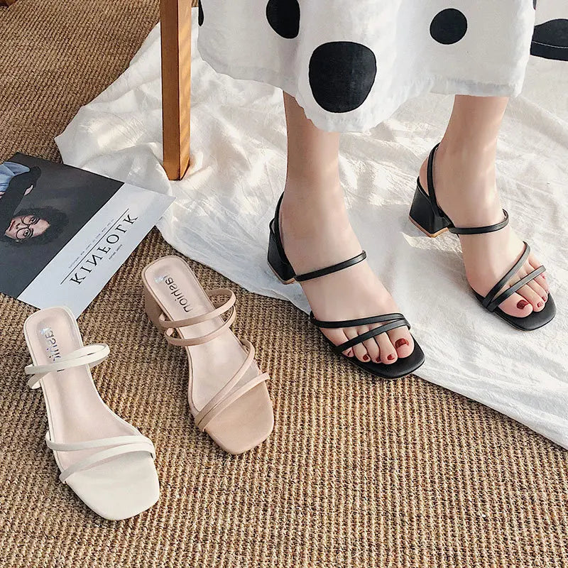 Women High Heel Sandals Summer, Casual Shoes, Square Heel Open Toe Ankle Strap