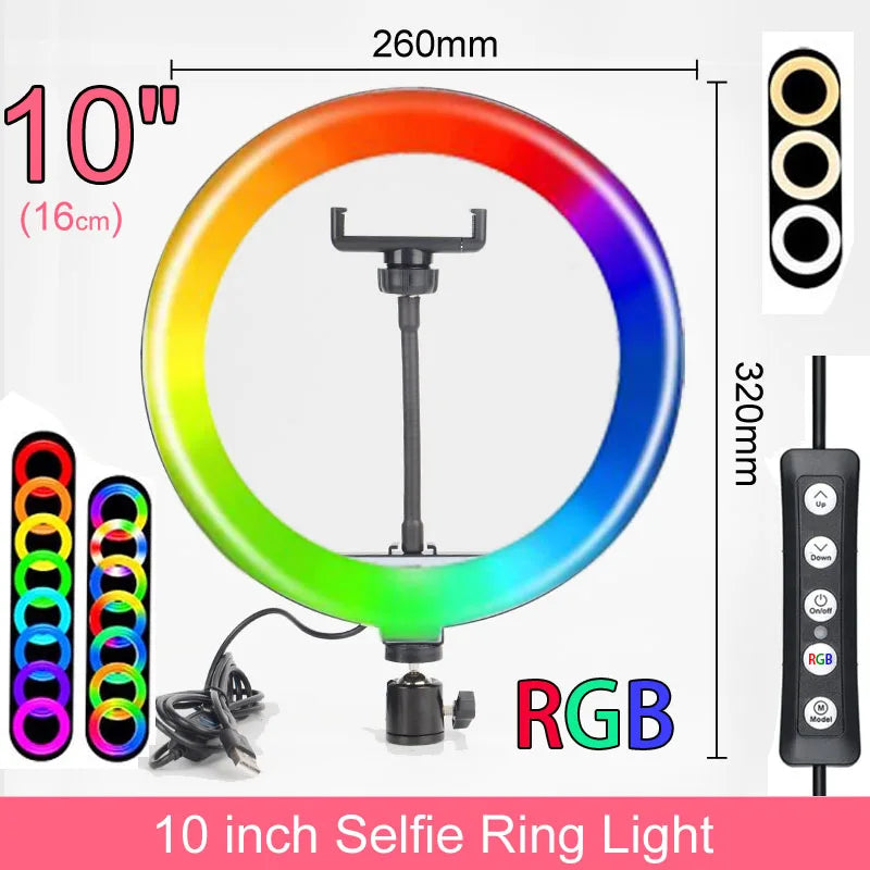 RGB 10 12 14 Inch Dimmable LED Selfie Ring Light with Stand 160cm 175cm Tripod Lamp Photography Ringlight Phone Studio Desktop