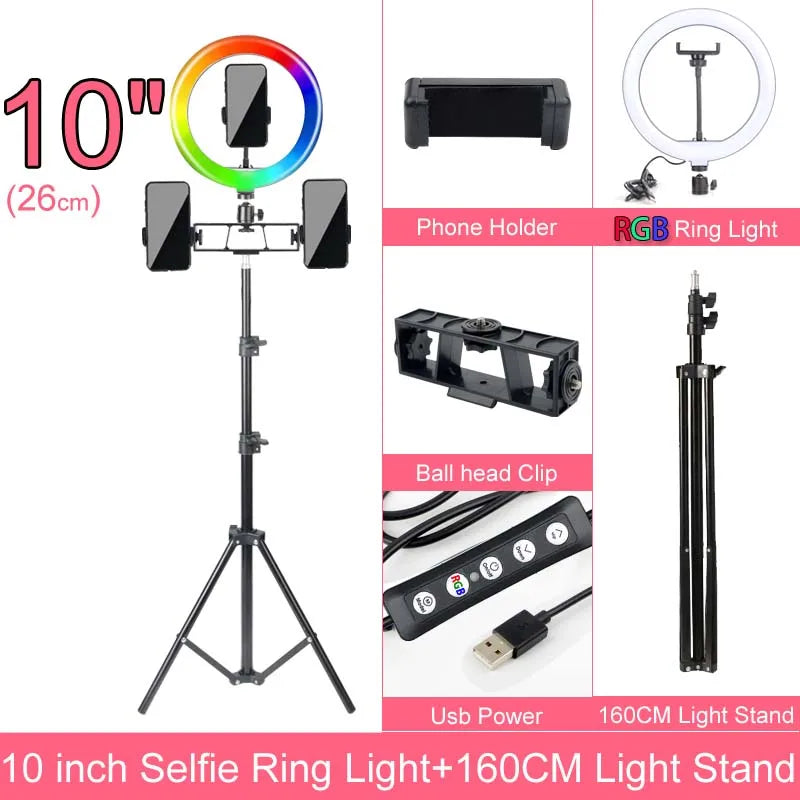 RGB 10 12 14 Inch Dimmable LED Selfie Ring Light with Stand 160cm 175cm Tripod Lamp Photography Ringlight Phone Studio Desktop