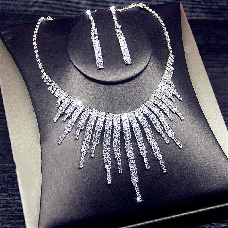 Luxury Geometric Rhinestone Necklace Earrings For Women Long Tassel Bridal Weddings Jewelry Sets