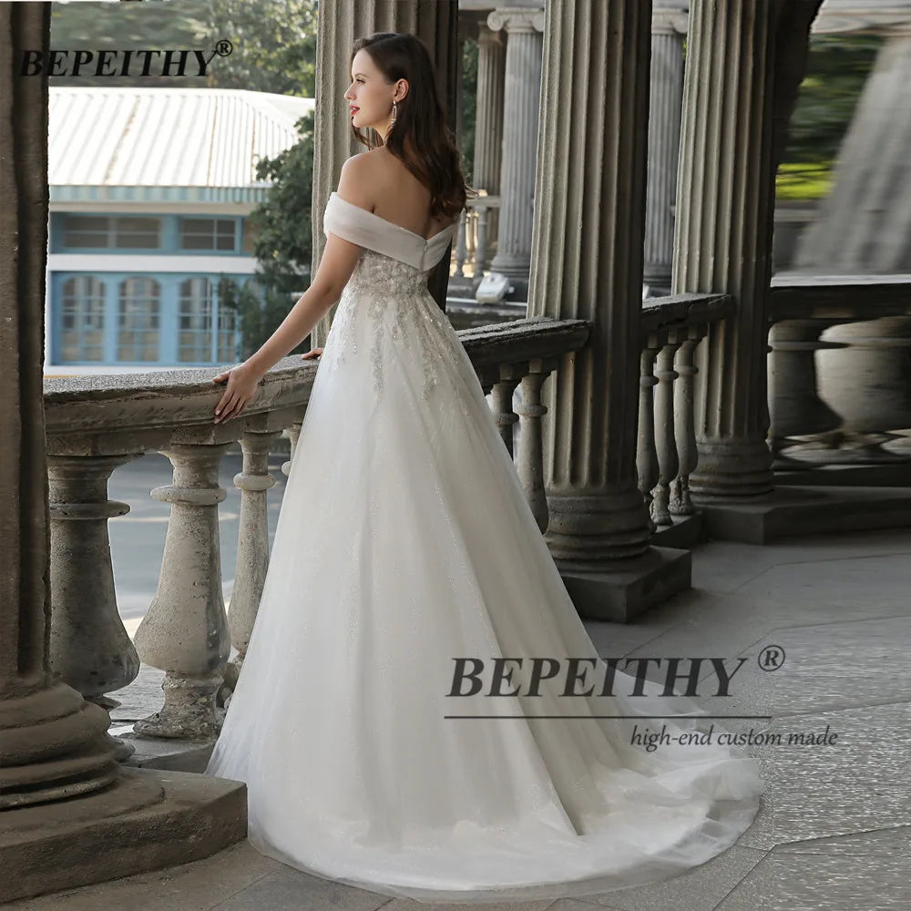 BEPEITHY Off The Shoulder Ivory Boho Wedding Dresses For Women  Bride A Line Chic Beading Bohemian Bridal Beach Gown Robes