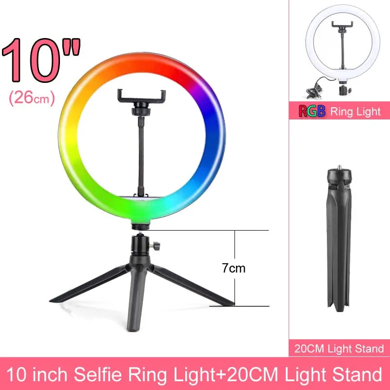 RGB 10 12 14 Inch Dimmable LED Selfie Ring Light with Stand 160cm 175cm Tripod Lamp Photography Ringlight Phone Studio Desktop