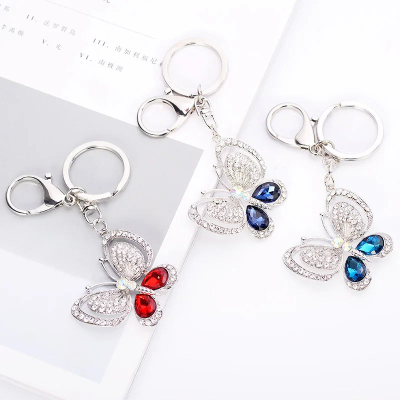 EASYA Red Blue Big Rhinestone Butterfly Keychain Chaveiro Cute Fashion Crystal Insect Charm Pendant Handbag Accessories Key Ring