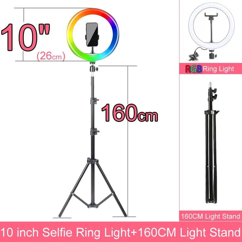 RGB 10 12 14 Inch Dimmable LED Selfie Ring Light with Stand 160cm 175cm Tripod Lamp Photography Ringlight Phone Studio Desktop