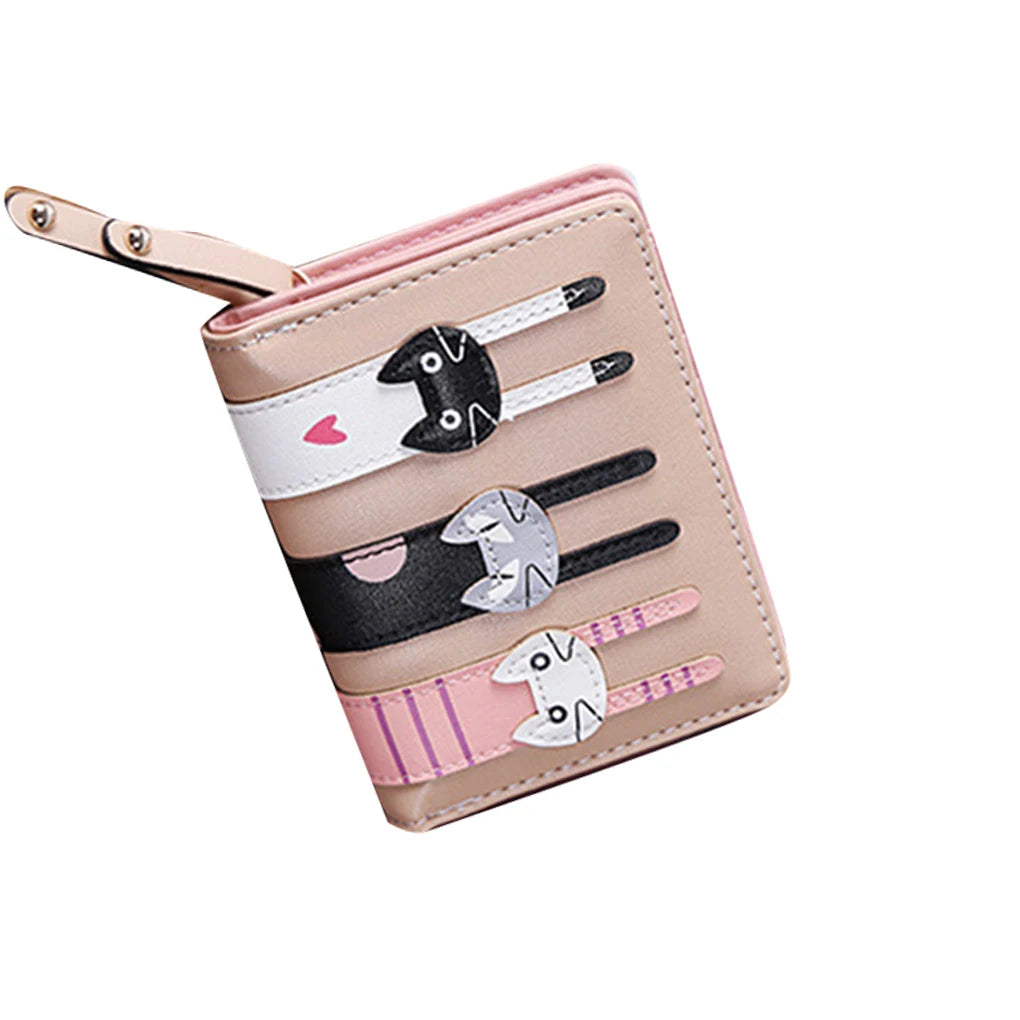 Women PU Leather Short Three Cats Bifold Clutch Wallet Card Holder Purse