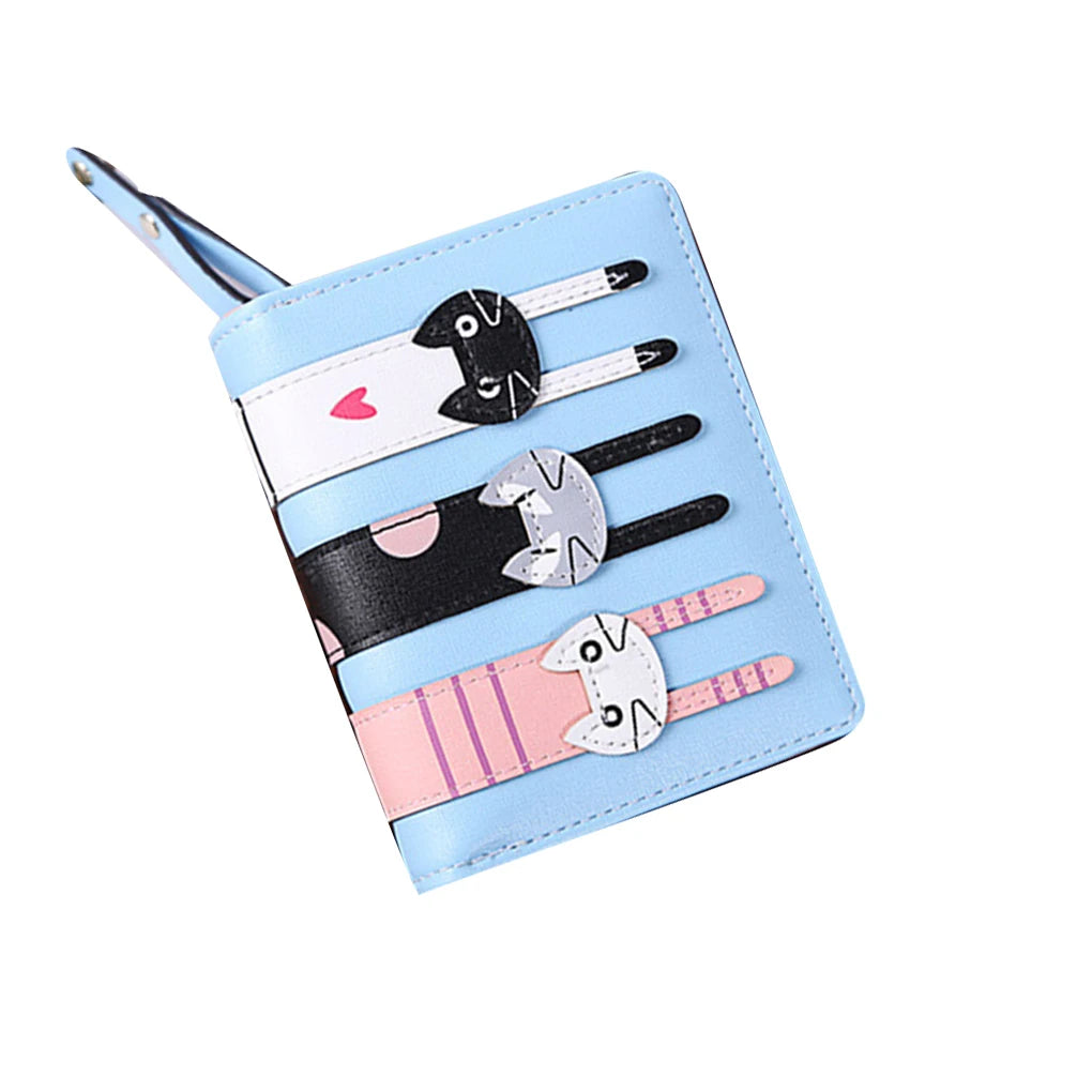 Women PU Leather Short Three Cats Bifold Clutch Wallet Card Holder Purse