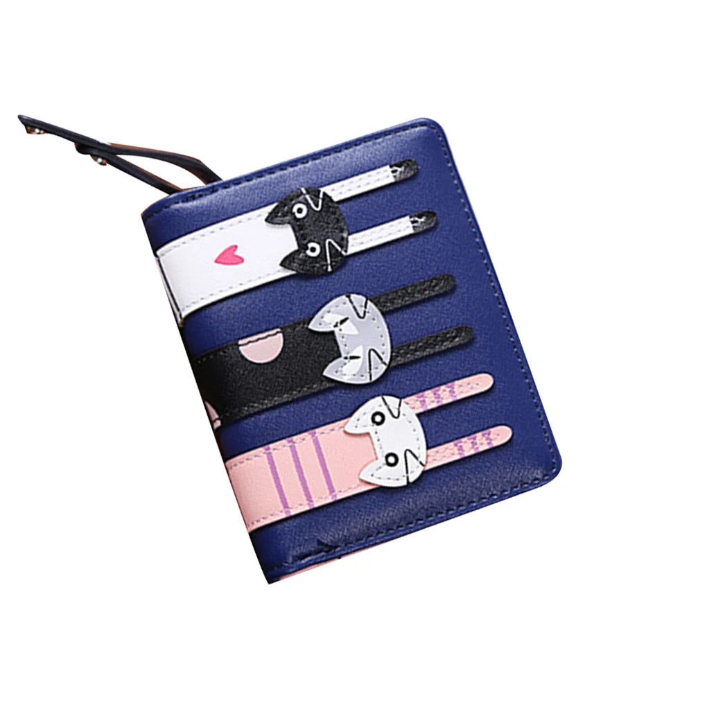 Women PU Leather Short Three Cats Bifold Clutch Wallet Card Holder Purse